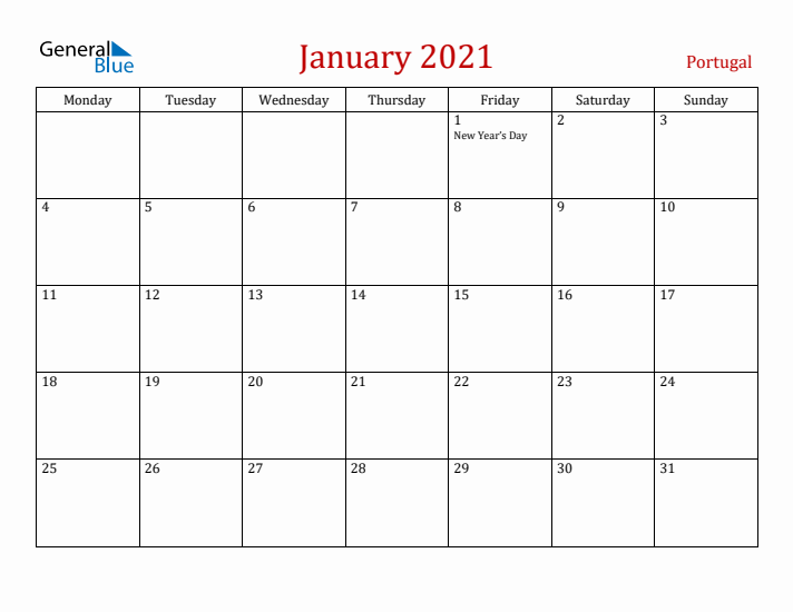 Portugal January 2021 Calendar - Monday Start