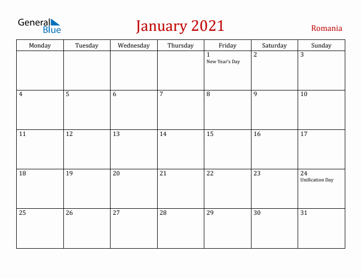 Romania January 2021 Calendar - Monday Start