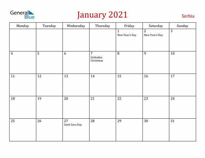 Serbia January 2021 Calendar - Monday Start