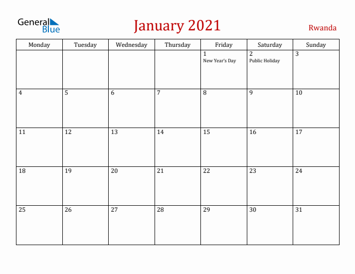 Rwanda January 2021 Calendar - Monday Start