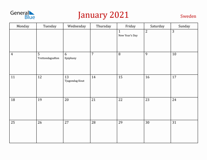 Sweden January 2021 Calendar - Monday Start