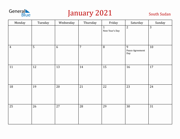 South Sudan January 2021 Calendar - Monday Start
