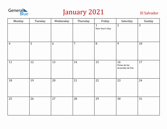 El Salvador January 2021 Calendar - Monday Start