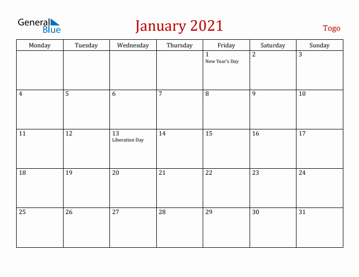 Togo January 2021 Calendar - Monday Start