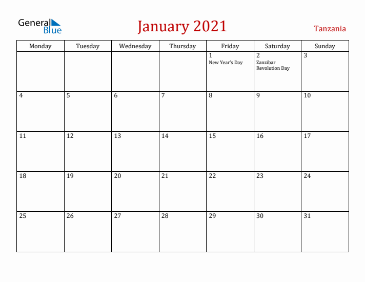 Tanzania January 2021 Calendar - Monday Start
