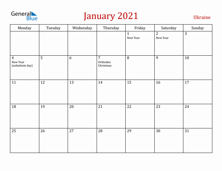 Ukraine January 2021 Calendar - Monday Start