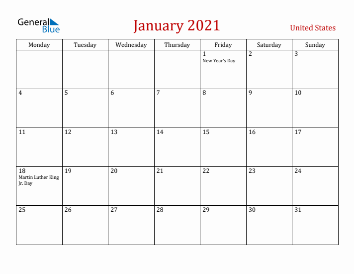 United States January 2021 Calendar - Monday Start