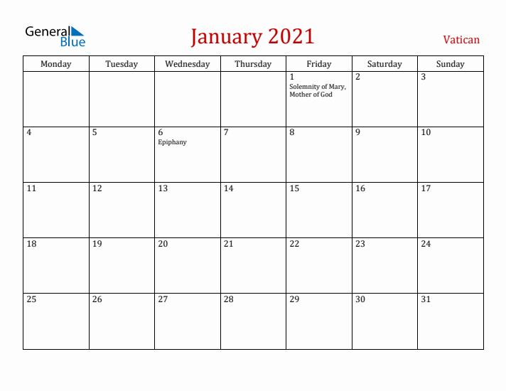 Vatican January 2021 Calendar - Monday Start