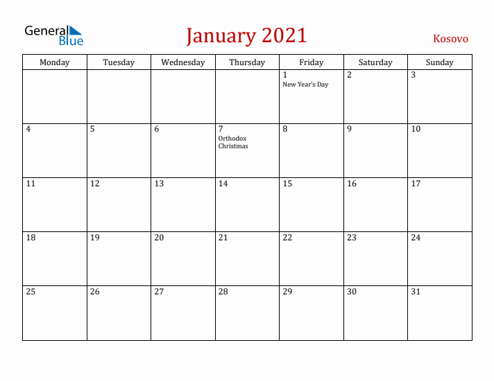 Kosovo January 2021 Calendar - Monday Start