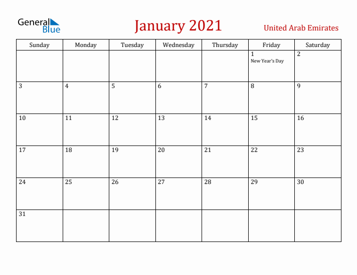 United Arab Emirates January 2021 Calendar - Sunday Start