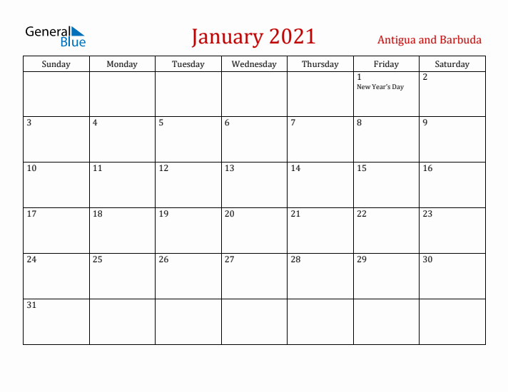 Antigua and Barbuda January 2021 Calendar - Sunday Start
