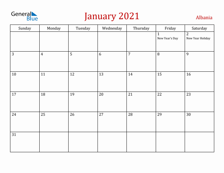 Albania January 2021 Calendar - Sunday Start