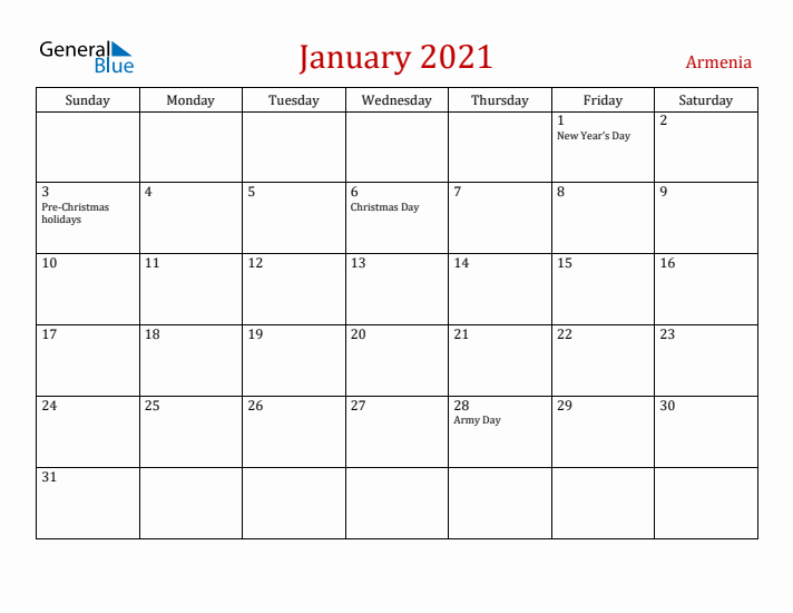 Armenia January 2021 Calendar - Sunday Start
