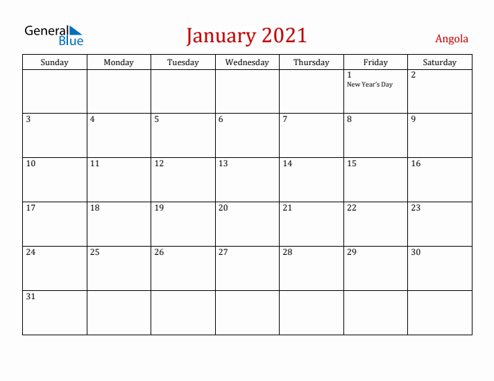 Angola January 2021 Calendar - Sunday Start