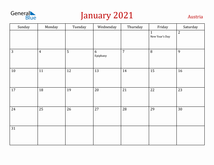 Austria January 2021 Calendar - Sunday Start