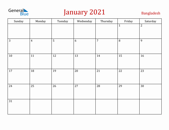 Bangladesh January 2021 Calendar - Sunday Start