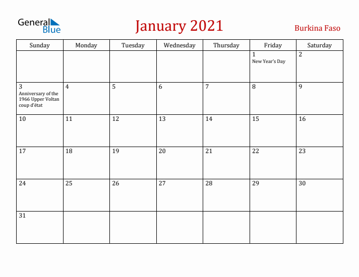 Burkina Faso January 2021 Calendar - Sunday Start