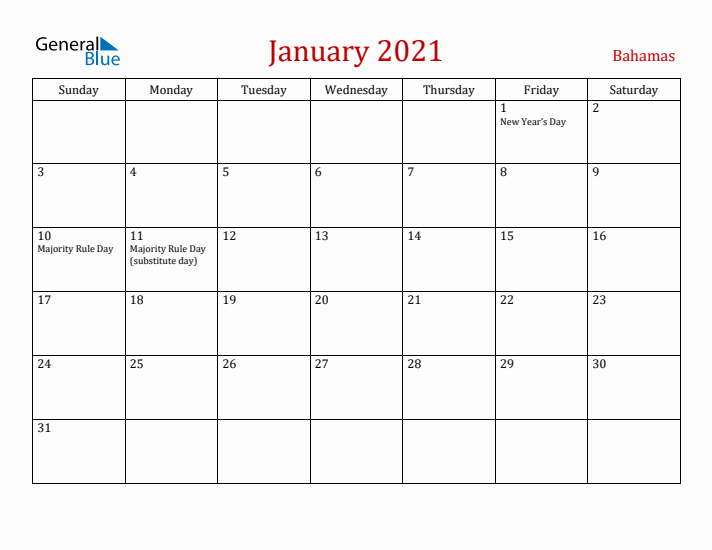 Bahamas January 2021 Calendar - Sunday Start