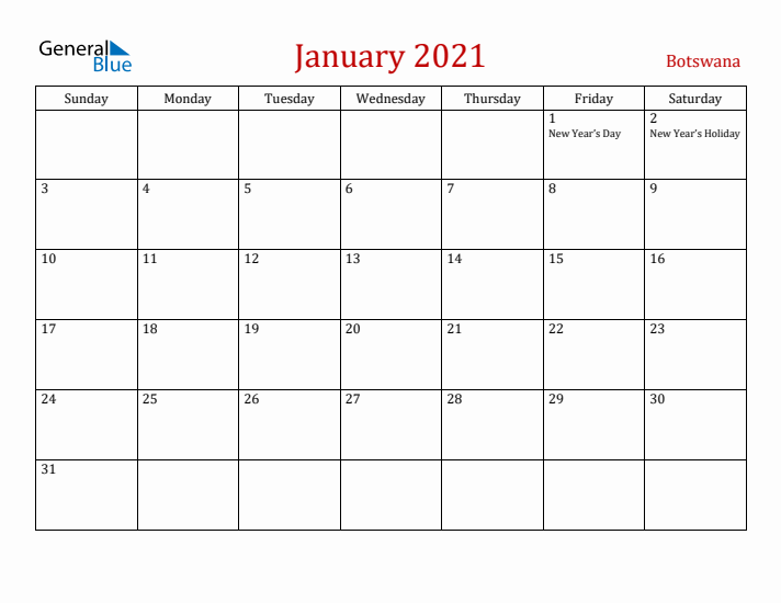 Botswana January 2021 Calendar - Sunday Start