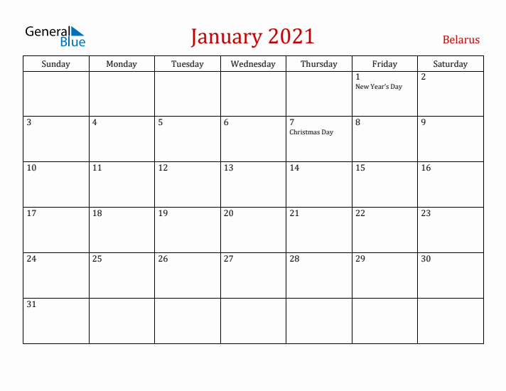 Belarus January 2021 Calendar - Sunday Start