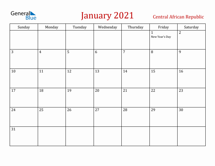 Central African Republic January 2021 Calendar - Sunday Start