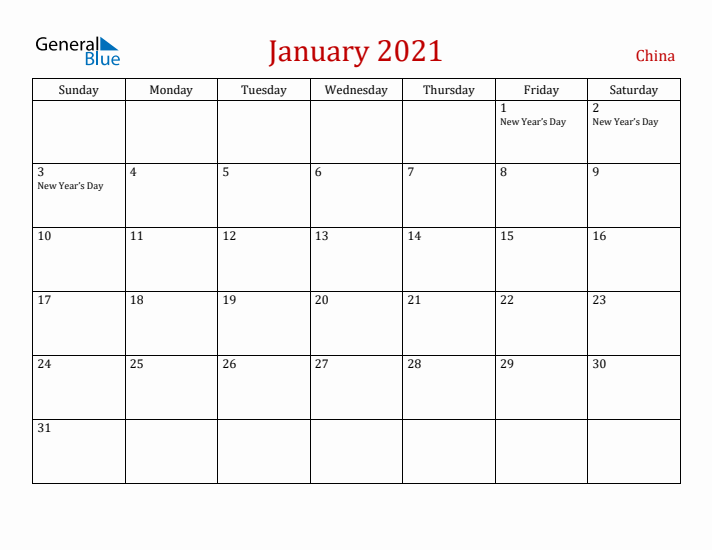 China January 2021 Calendar - Sunday Start