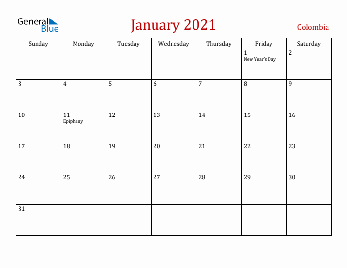 Colombia January 2021 Calendar - Sunday Start