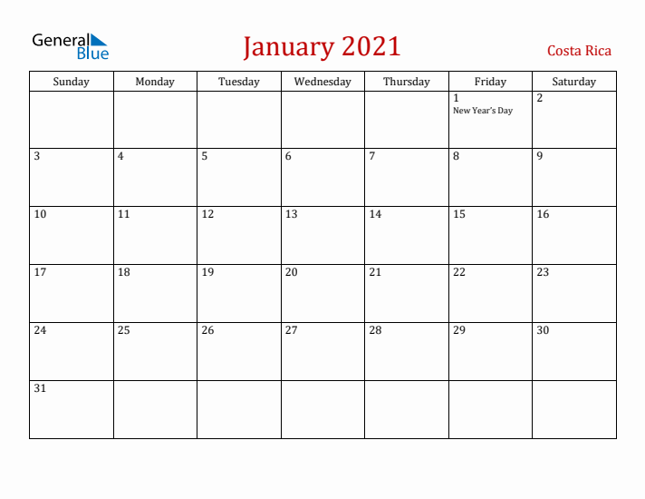 Costa Rica January 2021 Calendar - Sunday Start