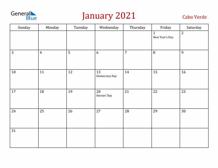 Cabo Verde January 2021 Calendar - Sunday Start