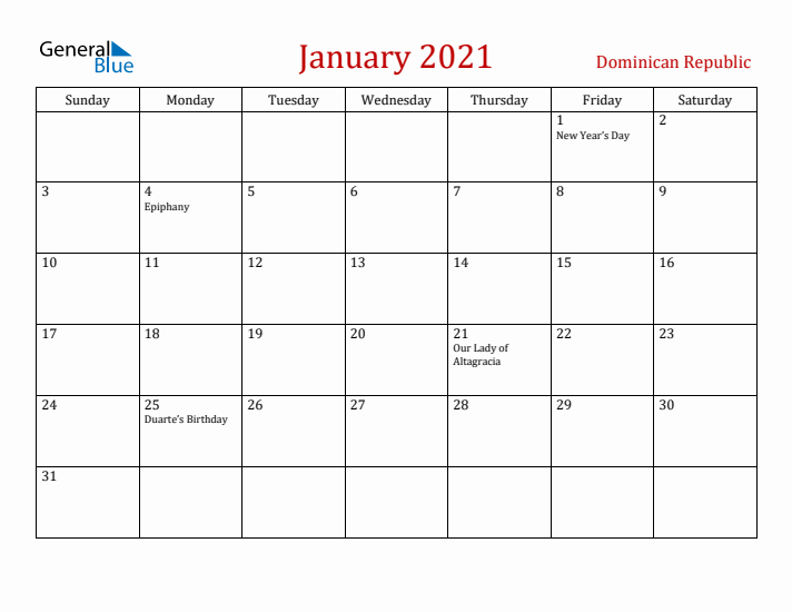 Dominican Republic January 2021 Calendar - Sunday Start
