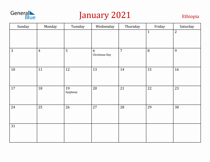 Ethiopia January 2021 Calendar - Sunday Start