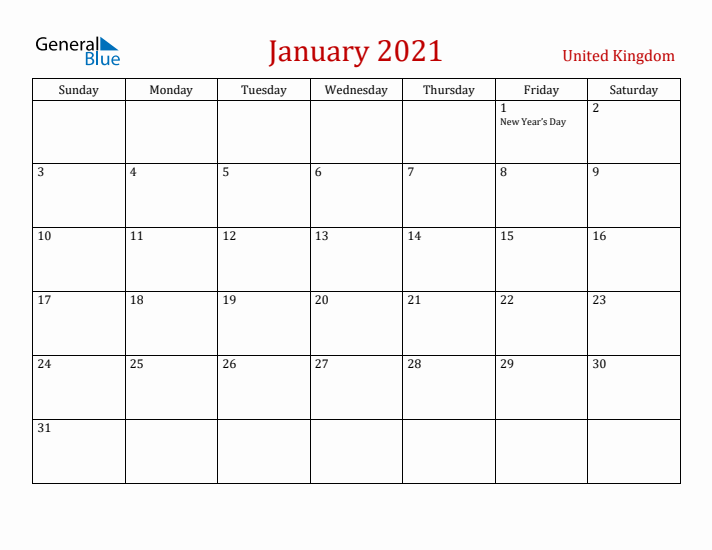 United Kingdom January 2021 Calendar - Sunday Start