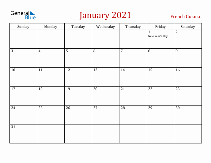 French Guiana January 2021 Calendar - Sunday Start