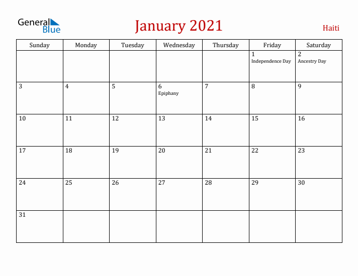 Haiti January 2021 Calendar - Sunday Start