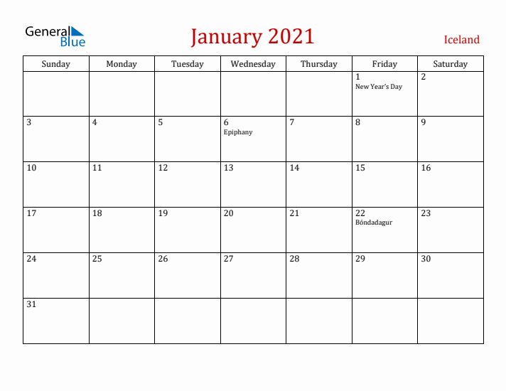 Iceland January 2021 Calendar - Sunday Start