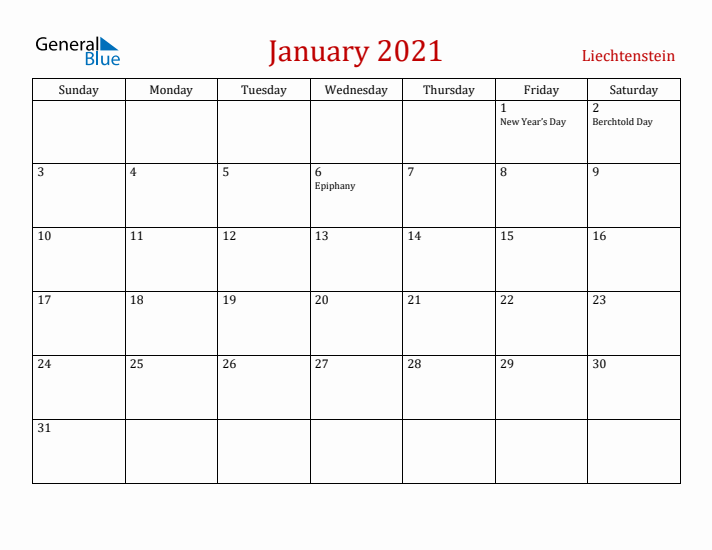 Liechtenstein January 2021 Calendar - Sunday Start