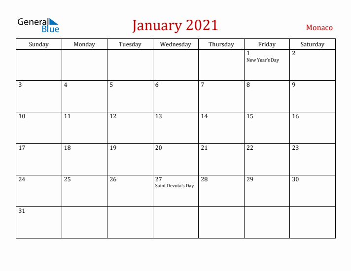 Monaco January 2021 Calendar - Sunday Start
