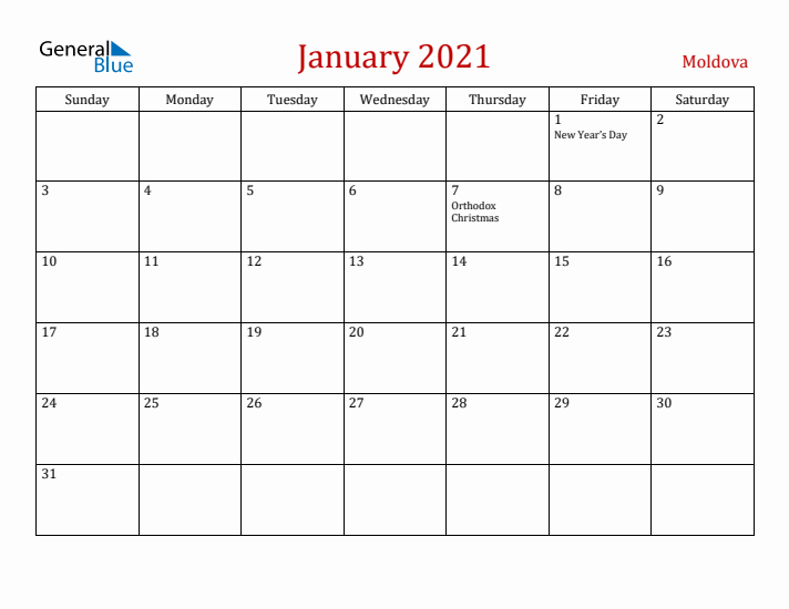 Moldova January 2021 Calendar - Sunday Start