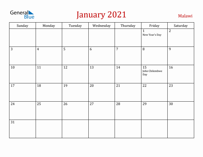 Malawi January 2021 Calendar - Sunday Start