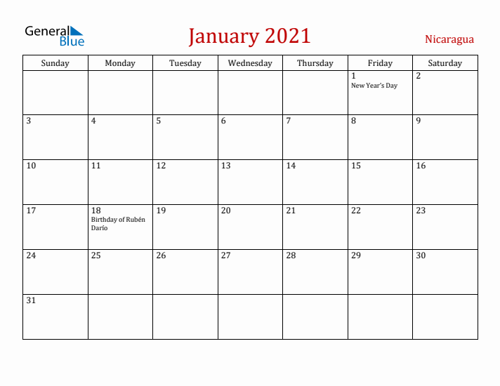 Nicaragua January 2021 Calendar - Sunday Start