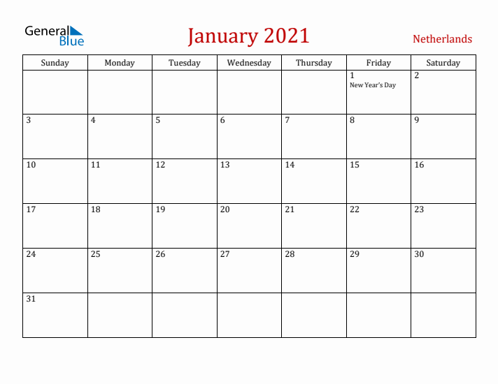 The Netherlands January 2021 Calendar - Sunday Start