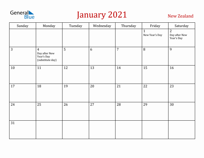 New Zealand January 2021 Calendar - Sunday Start
