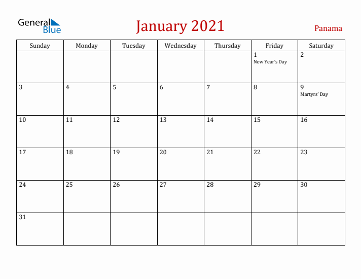 Panama January 2021 Calendar - Sunday Start