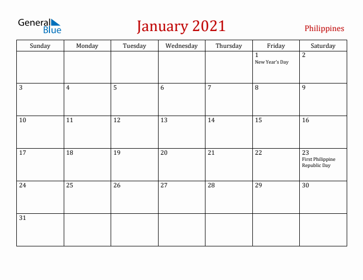 Philippines January 2021 Calendar - Sunday Start