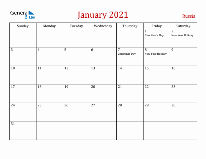 Russia January 2021 Calendar - Sunday Start