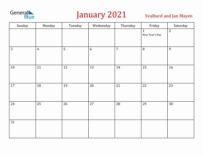 Svalbard and Jan Mayen January 2021 Calendar - Sunday Start