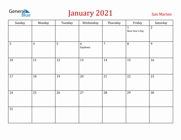 San Marino January 2021 Calendar - Sunday Start