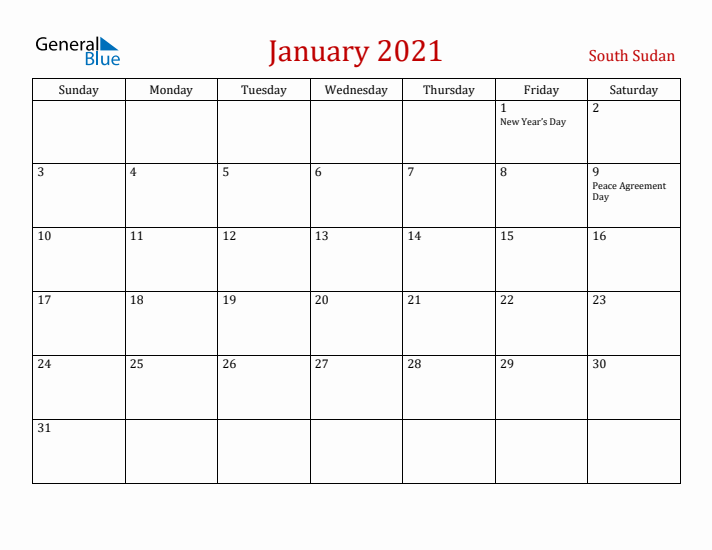 South Sudan January 2021 Calendar - Sunday Start