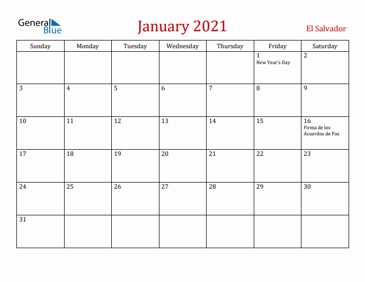 El Salvador January 2021 Calendar - Sunday Start
