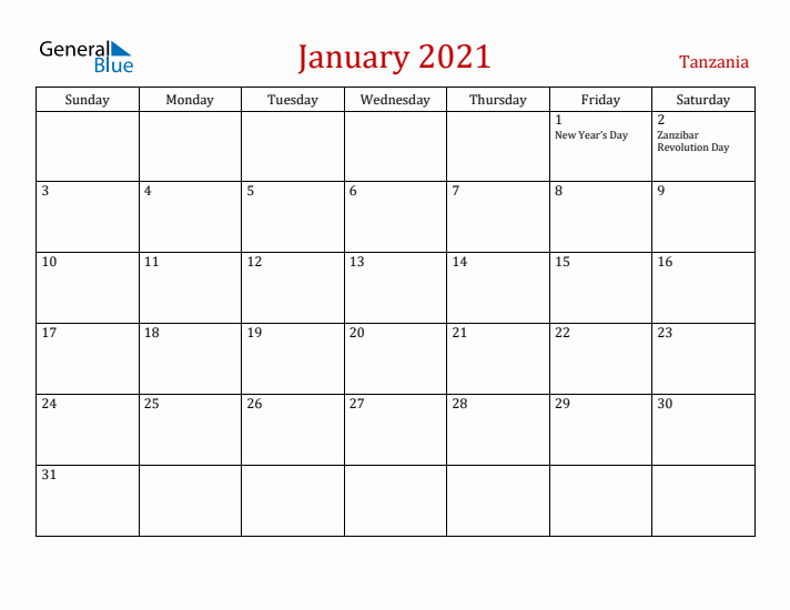 Tanzania January 2021 Calendar - Sunday Start